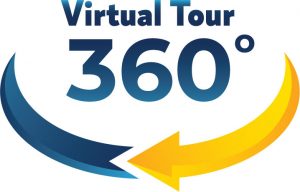 "Virtual Tour 360 degrees" a gold arrow pointing toward the end of a blue arrow, as if wrapped around the words.