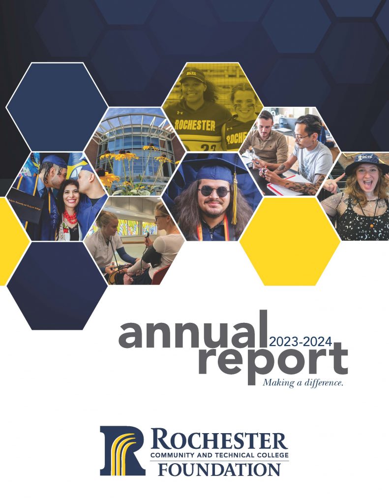 The 2023-2024 RCTC Foundation Annual Report with photos of RCTC graduates in graduation gowns and caps.