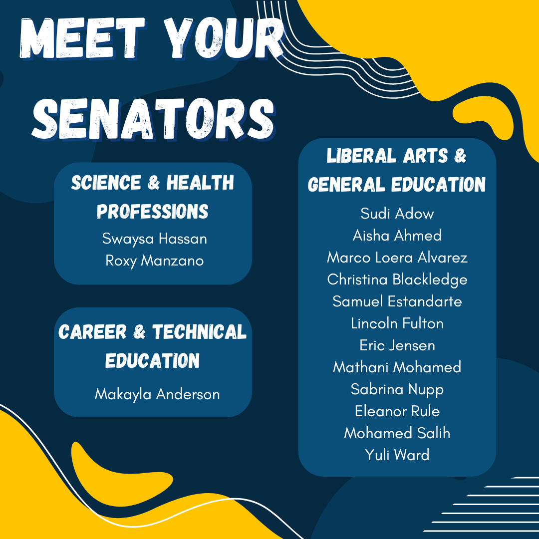 Meet Your Senators--Science & Health Professions: Swaysa Hassan, Roxy Manzano Career & Technical Education: Makayla Anderson Liberal Arts & General Education: Sudi Adow, Aisha Ahmed, Marco Loera Alvarez, Christina Blackledge, Samuel Estandarte, Lincoln Fulton, Eric Jensen, Mathani Mohamed, Sabrina Nupp, Eleanor Rule, Mohamen Salih, Yuli Ward