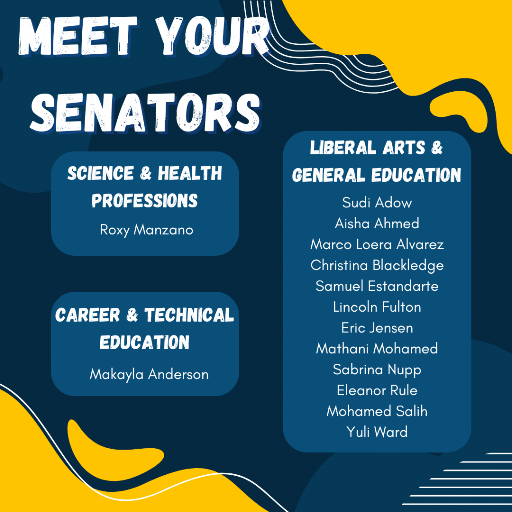 Meet Your Senators--Science & Health Professions: Roxy Manzano Career & Technical Education: Makayla Anderson Liberal Arts & General Education: Sudi Adow, Aisha Ahmed, Marco Loera Alvarez, Christina Blackledge, Samuel Estandarte, Lincoln Fulton, Eric Jensen, Mathani Mohamed, Sabrina Nupp, Eleanor Rule, Mohamen Salih, Yuli Ward